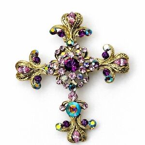 KIRKS FOLLY AURORA BOREALIS GOLD TONE LARGE CROSS PENDANT AND BROOCH NWT